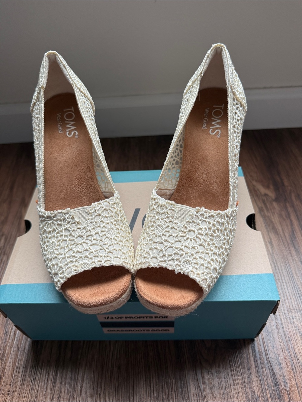 Toms Cream Crochet Peep-Toe Wedge Heels